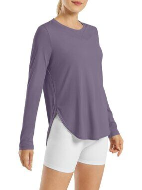 Women's Gray Purple UPF 50+ UV Shirt Long Sleeve Workout Yoga Top Quick Dry Gym
